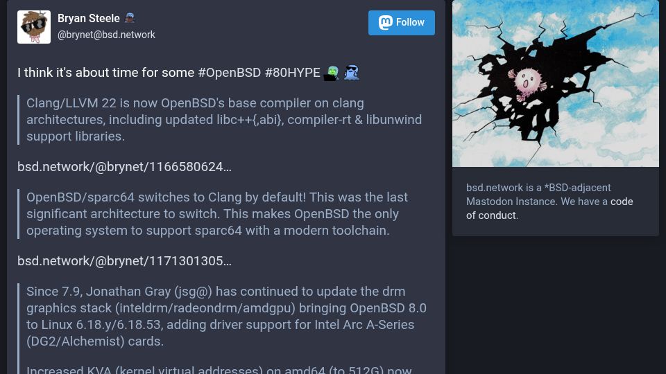 Screenshot of bsd.network: OpenBSD 8.0 release will have inteldrm/radeondrm/amdgpu drivers from Linux 6.18