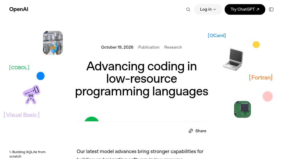 Screenshot of openai.com: Advanced coding in low-resource programming languages
