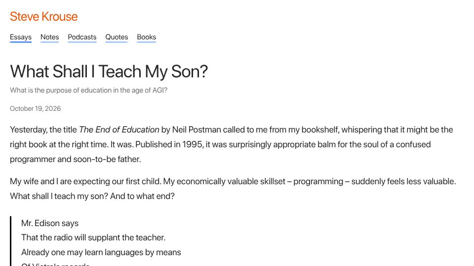 Screenshot of stevekrouse.com: What shall I teach my son?