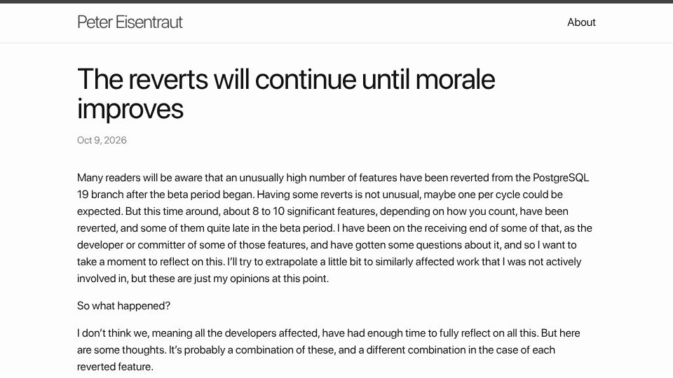 Screenshot of peter.eisentraut.org: The reverts will continue until morale improves