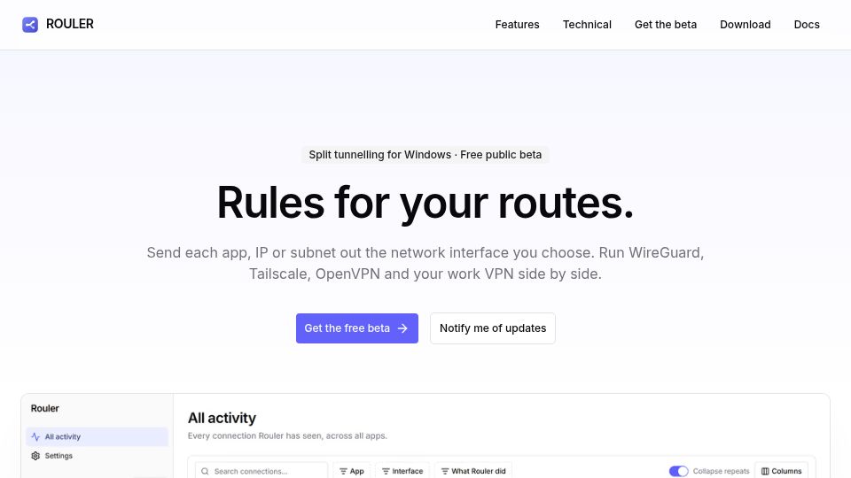 Screenshot of rouler.io: Show HN: Rouler – Steer Windows traffic per app or IP across multiple interfaces