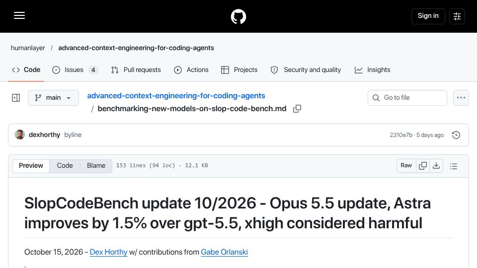 Screenshot of github.com: SlopCodeBench 10/2026 – Opus 5.5, Astra wins overall, xhigh considered harmful