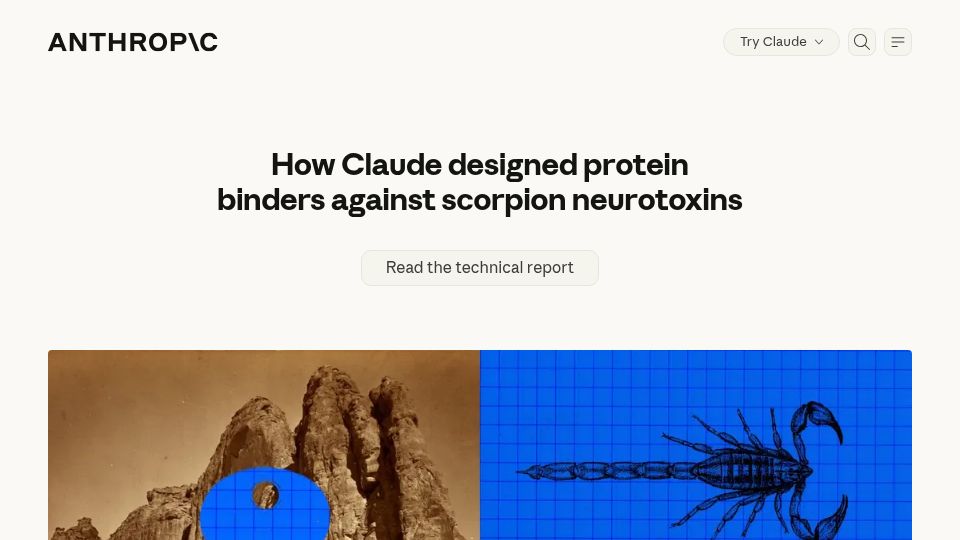 Screenshot of anthropic.com: Claude designed protein binders against scorpion neurotoxins