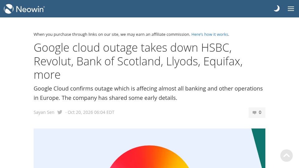 Screenshot of neowin.net: Google Cloud outage affects almost all banking and other operations in Europe
