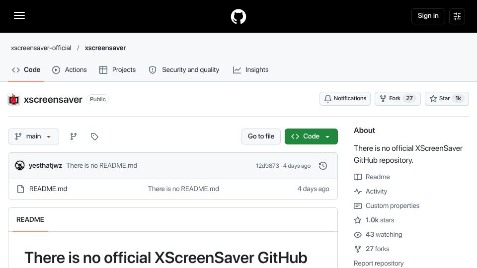 Screenshot of github.com: There is no official XScreenSaver GitHub repository