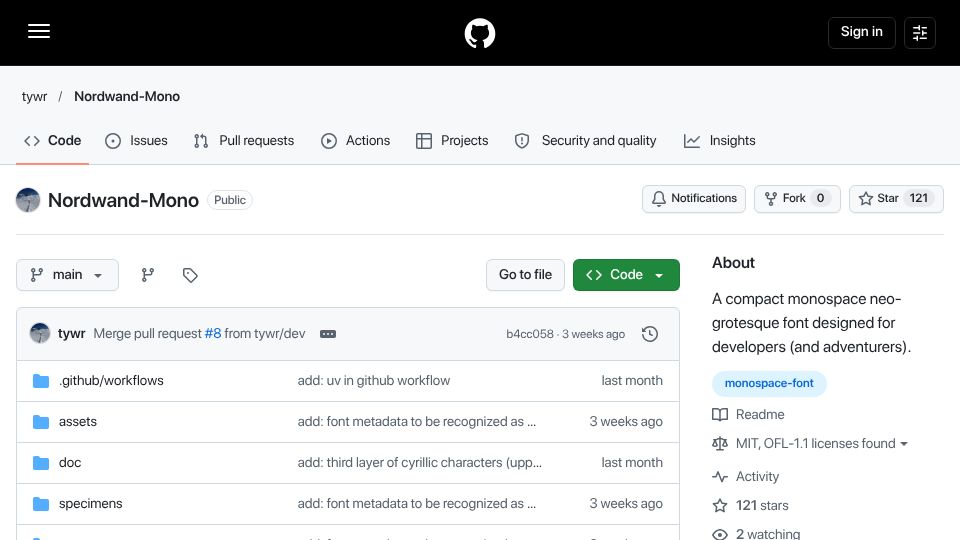 Screenshot of github.com: Nordwand Mono – A monospace font for coders and adventurers
