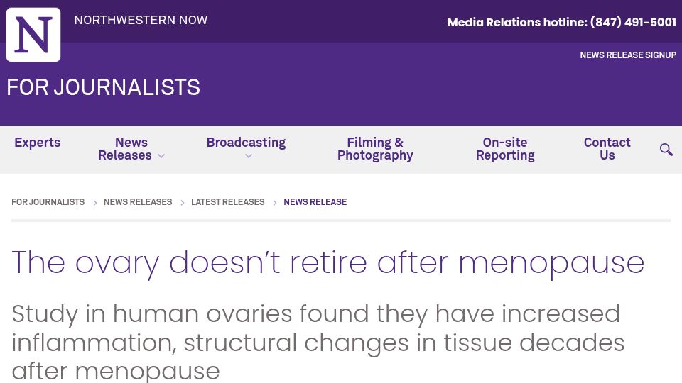 Screenshot of news.northwestern.edu: The ovary doesn't retire after menopause