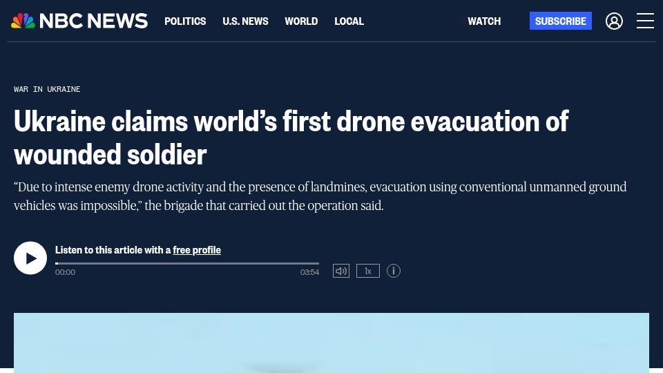 Screenshot of nbcnews.com: Ukraine claims first drone evacuation of wounded soldier