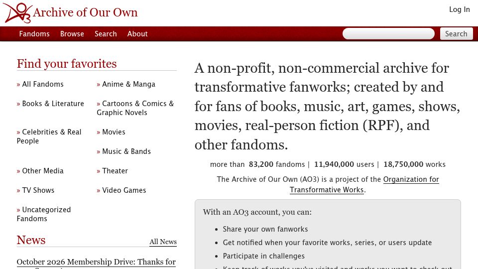 Screenshot of archiveofourown.org: Archive of Our Own