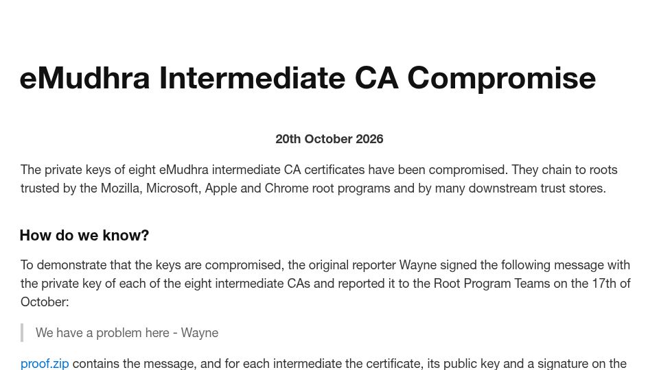 Screenshot of emudhra.we-have-a-problem.com: eMudhra intermediate CA compromise