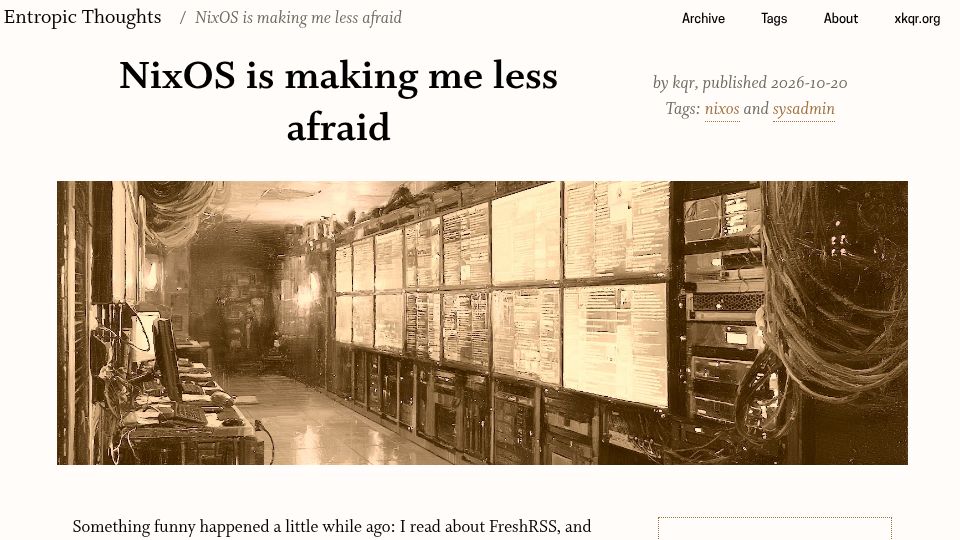 Screenshot of entropicthoughts.com: NixOS is making me less afraid