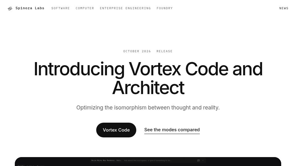 Screenshot of spinozalabs.ai: Vortex Code: one prompt, an AI software team that ships