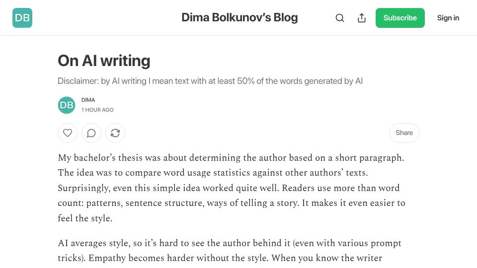 Screenshot of bolkunov.com: On AI writing