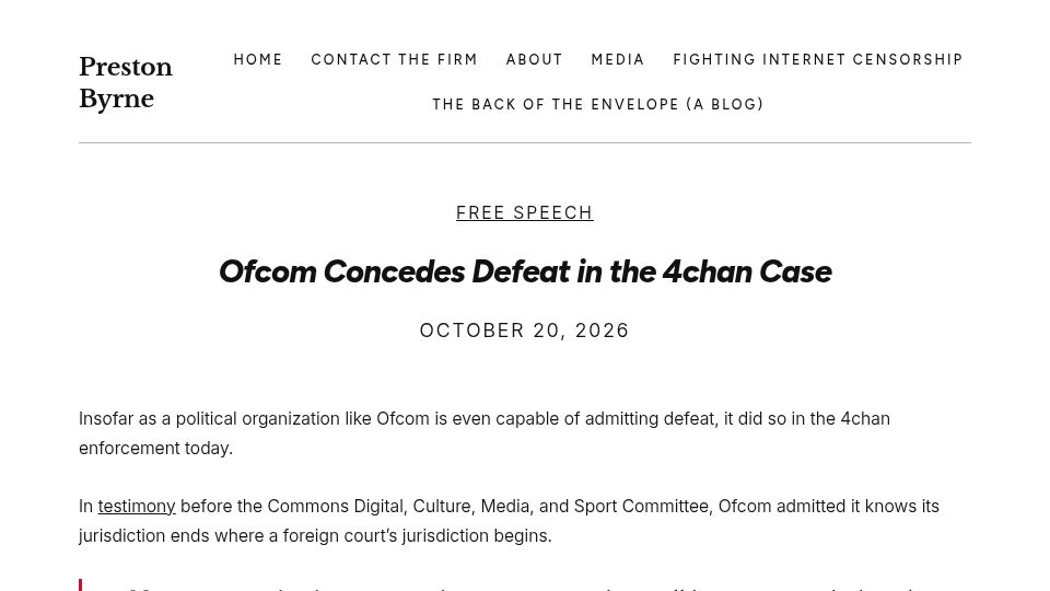 Screenshot of prestonbyrne.com: Ofcom concedes defeat in 4chan case