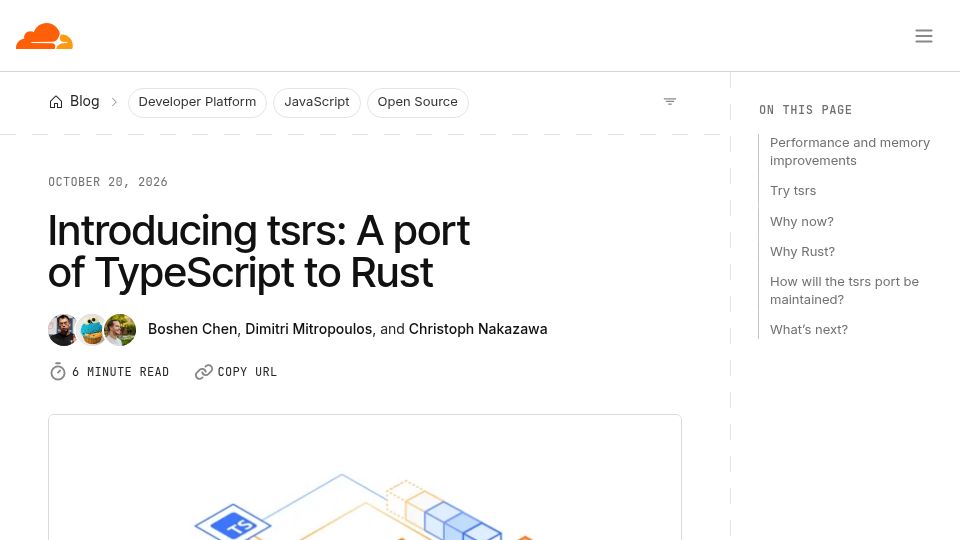 Screenshot of blog.cloudflare.com: Tsrs: A Port of TypeScript to Rust