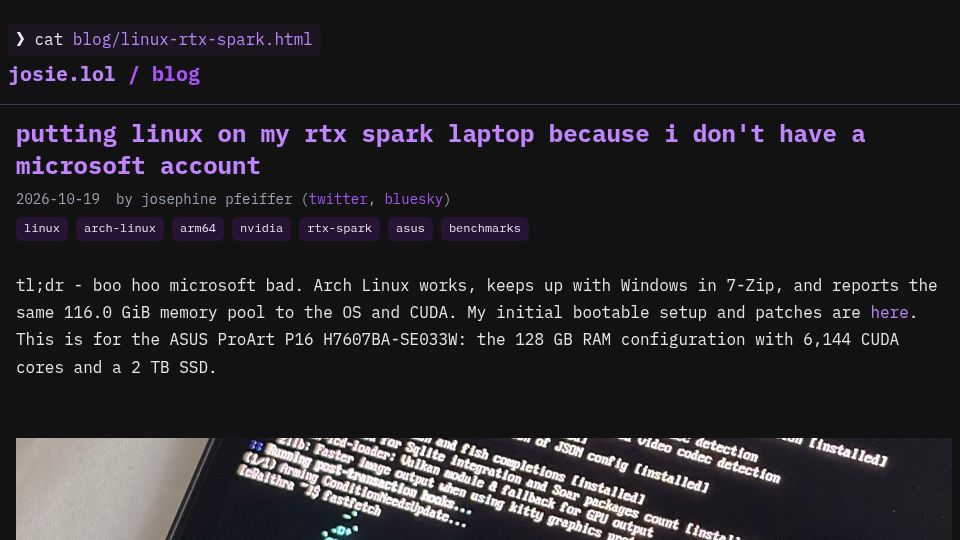Screenshot of josie.lol: Putting Linux on my RTX Spark laptop because I don't have a Microsoft account