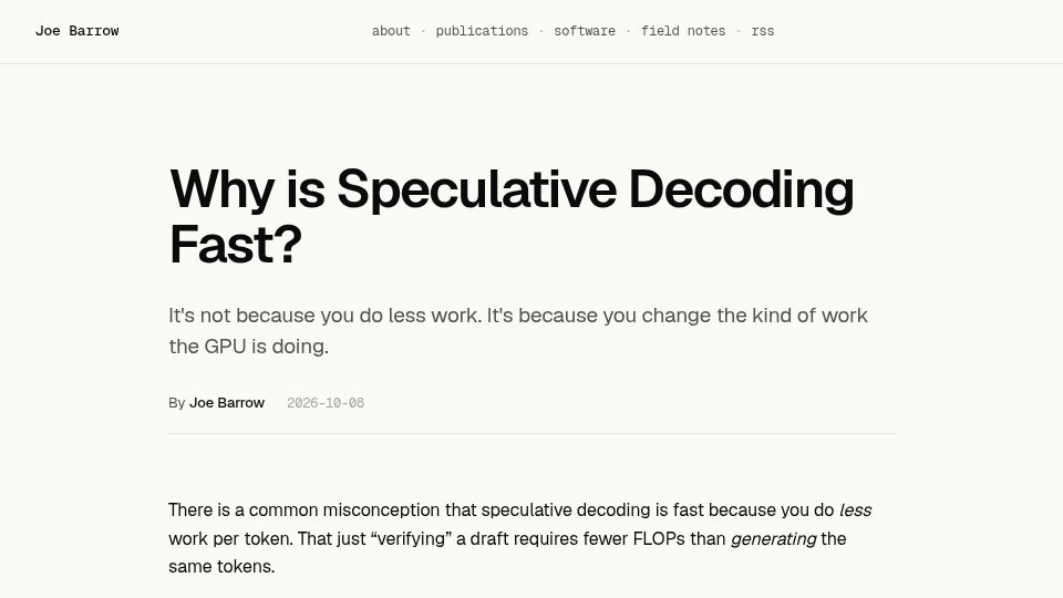 Screenshot of jbarrow.ai: Why Is Speculative Decoding Fast?