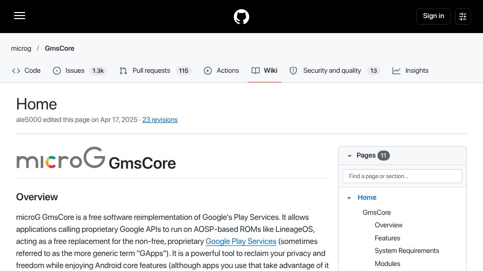 Screenshot of github.com: MicroG: Free-libre re-implementation of Google's proprietary Android user space