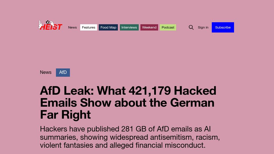 Screenshot of heistberlin.com: AfD Leak: What 421,179 Hacked Emails Show about the German Far Right