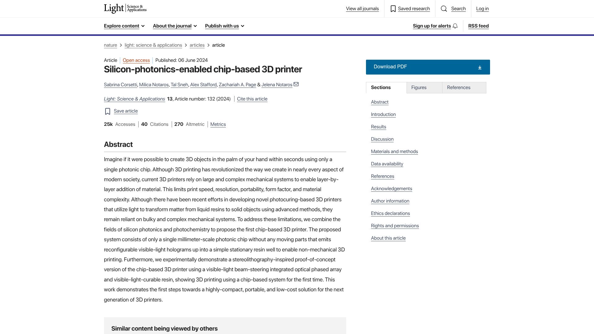 Screenshot of nature.com: Silicon-photonics-enabled chip-based 3D printer (2024)