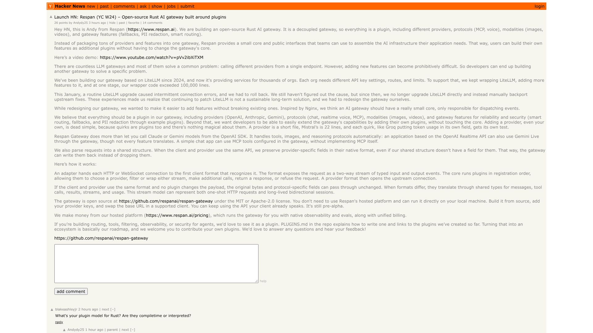Screenshot of this Hacker News post: Launch HN: Respan (YC W24) – Open-source Rust AI gateway built around plugins