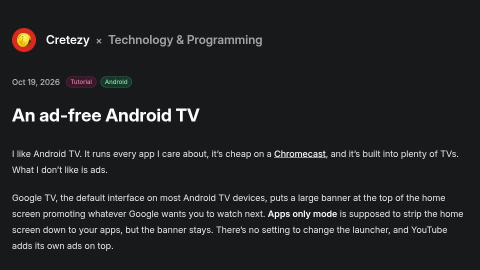 Screenshot of cretezy.com: An ad-free Android TV