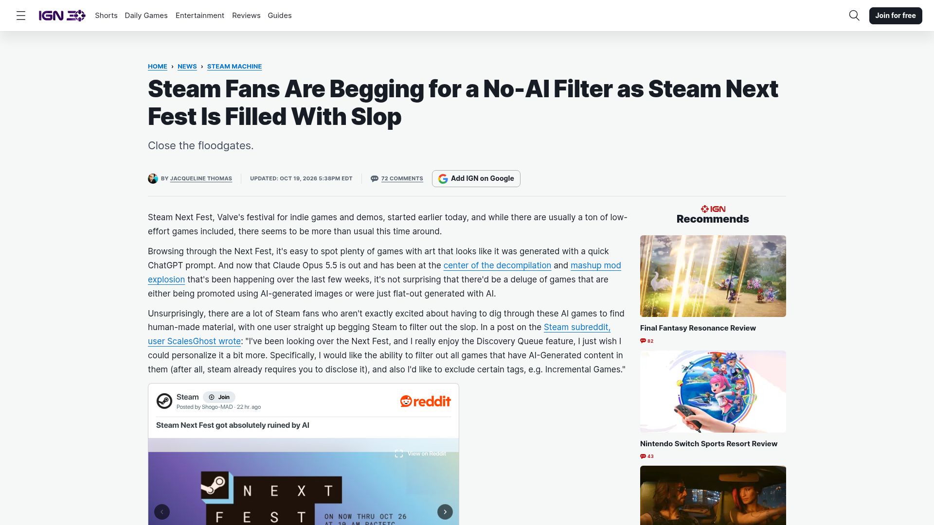 Screenshot of ign.com: Steam Users Beg for "No AI" Filter as Vibecoders Flood Next Fest