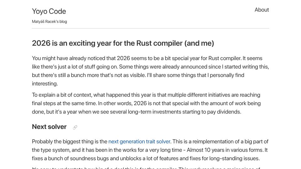 Screenshot of yoyo-code.com: 2026 is an exciting year for the Rust compiler (and me)