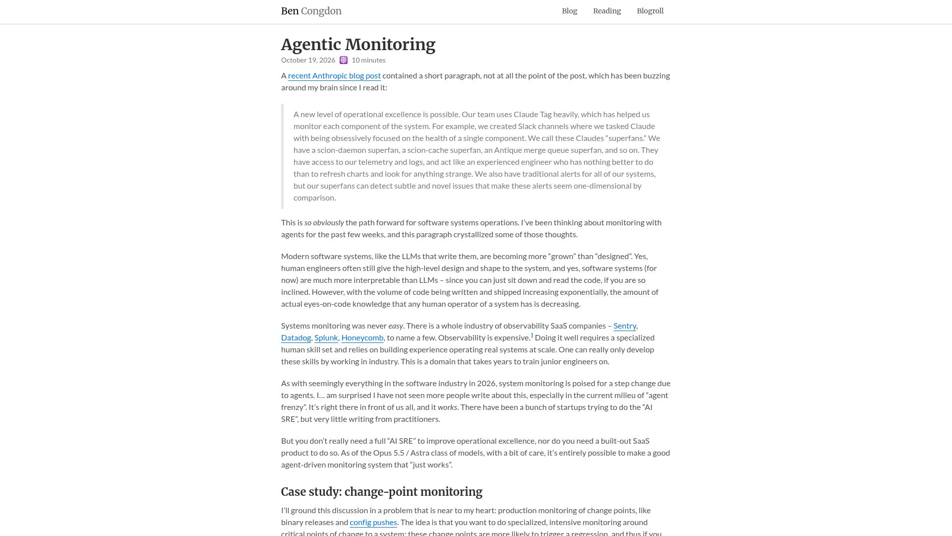 Screenshot of benjamincongdon.me: Agentic Monitoring