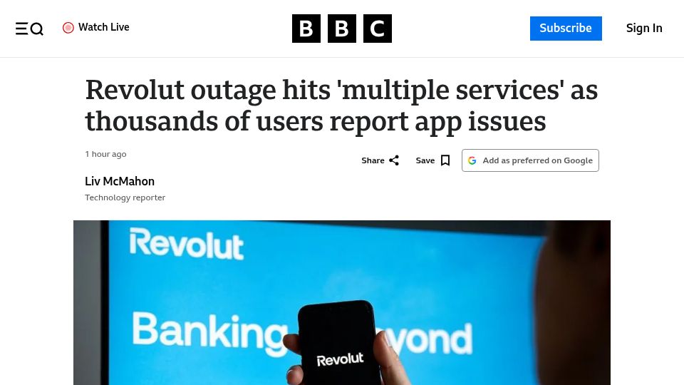 Screenshot of bbc.com: Revolut down as users report app not working