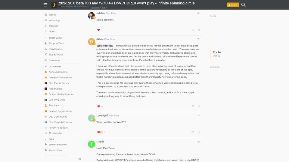 Screenshot of forums.plex.tv: Plex laid off the whole player team