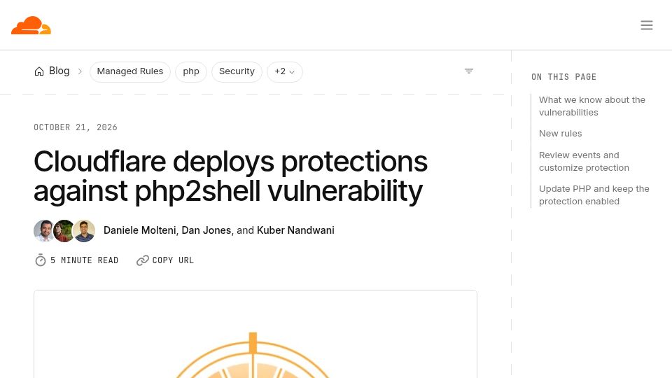 Screenshot of blog.cloudflare.com: Cloudflare deploys protections against php2shell vulnerability