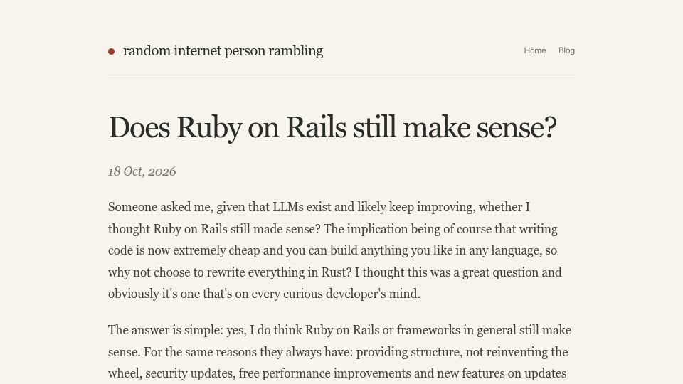 Screenshot of tech.dirkjonker.nl: Does Ruby on Rails still make sense?