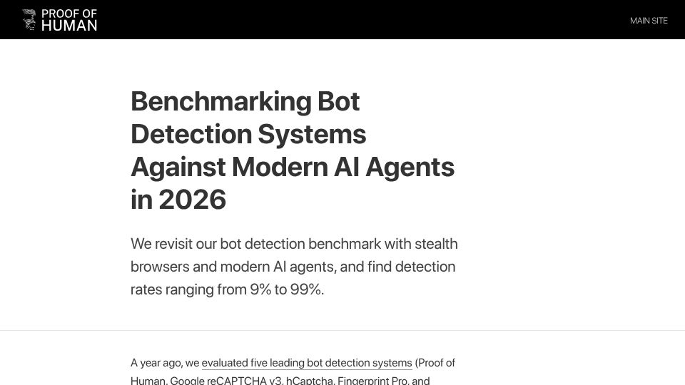 Screenshot of research.poh.org: Benchmarking Bot Detection Systems Against Modern AI Agents in 2026