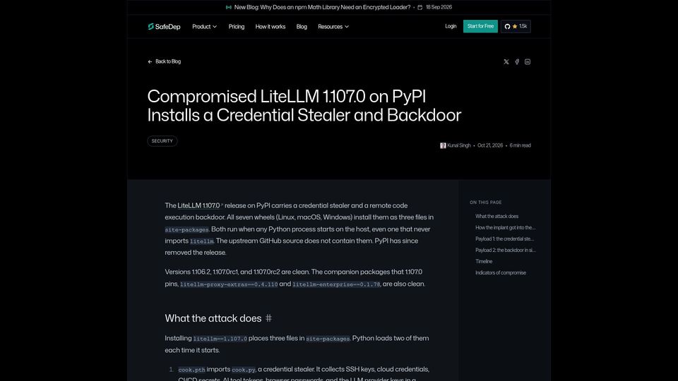 Screenshot of safedep.io: Compromised LiteLLM 1.107.0 on PyPI Installs a Credential Stealer and Backdoor