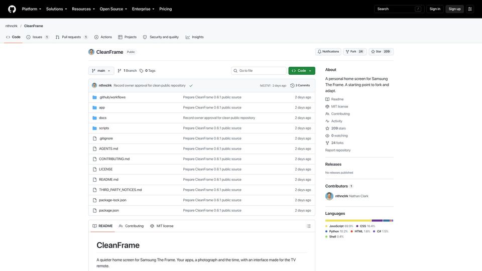 Screenshot of github.com: CleanFrame: A quieter home screen for Samsung The Frame