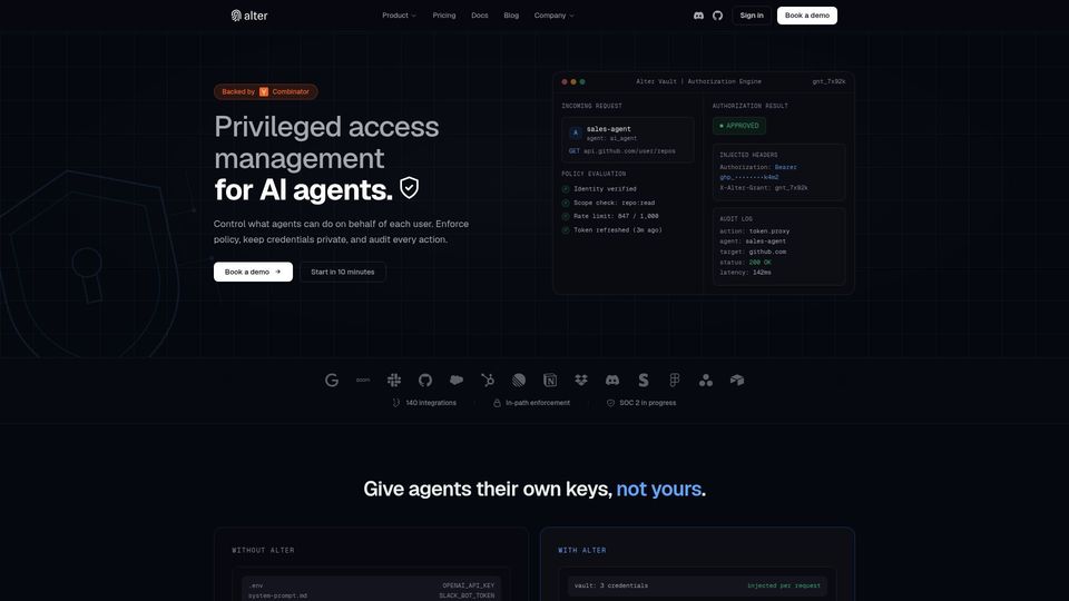 Screenshot of alterauth.com: Launch HN: Alter (YC S25) – Access control for multi-user agents
