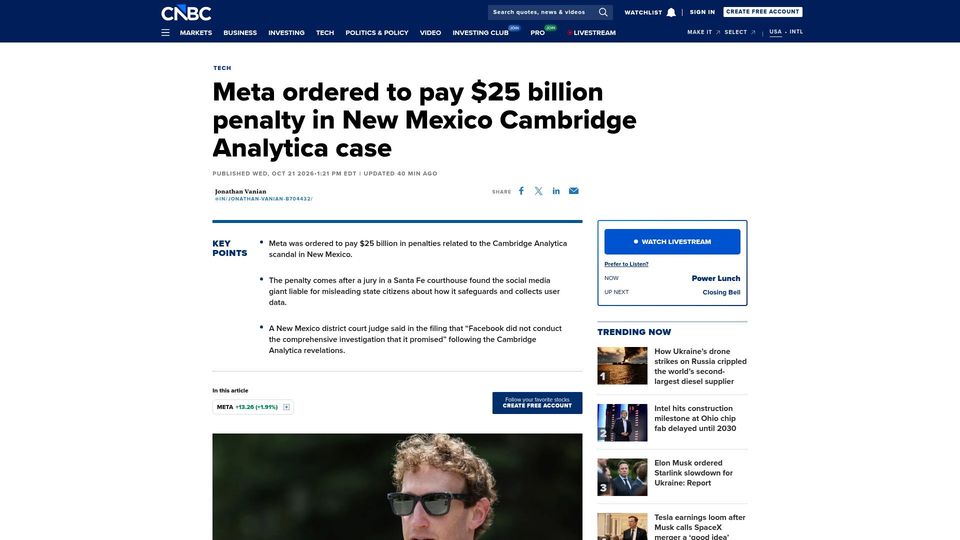 Screenshot of cnbc.com: Meta ordered to pay $25B penalty in New Mexico Cambridge Analytica case