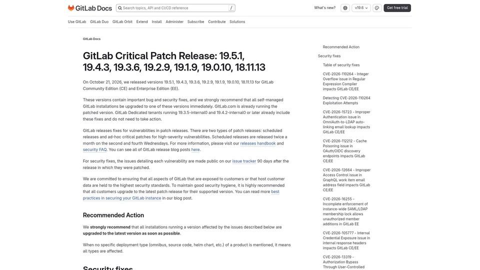 Screenshot of docs.gitlab.com: GitLab critical patch release
