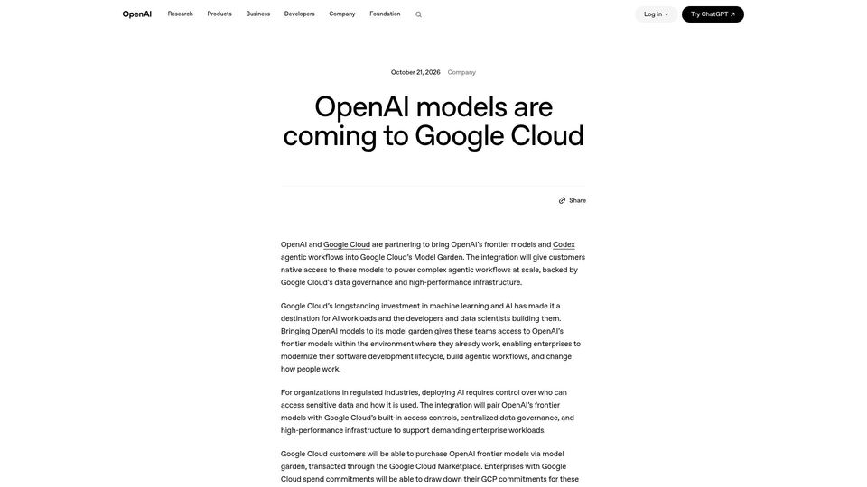 Screenshot of openai.com: OpenAI models are coming to Google Cloud