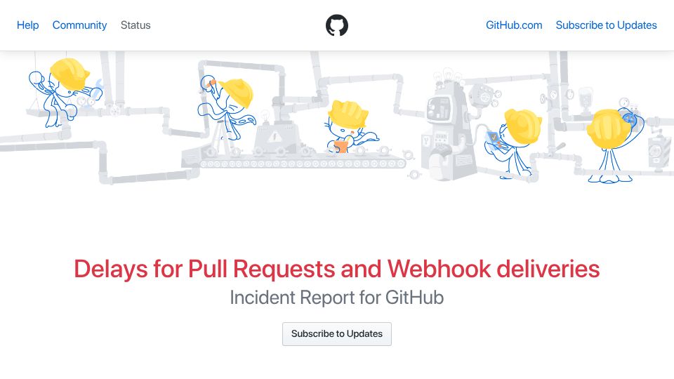 Screenshot of githubstatus.com: Delays for Pull Requests and Webhook deliveries
