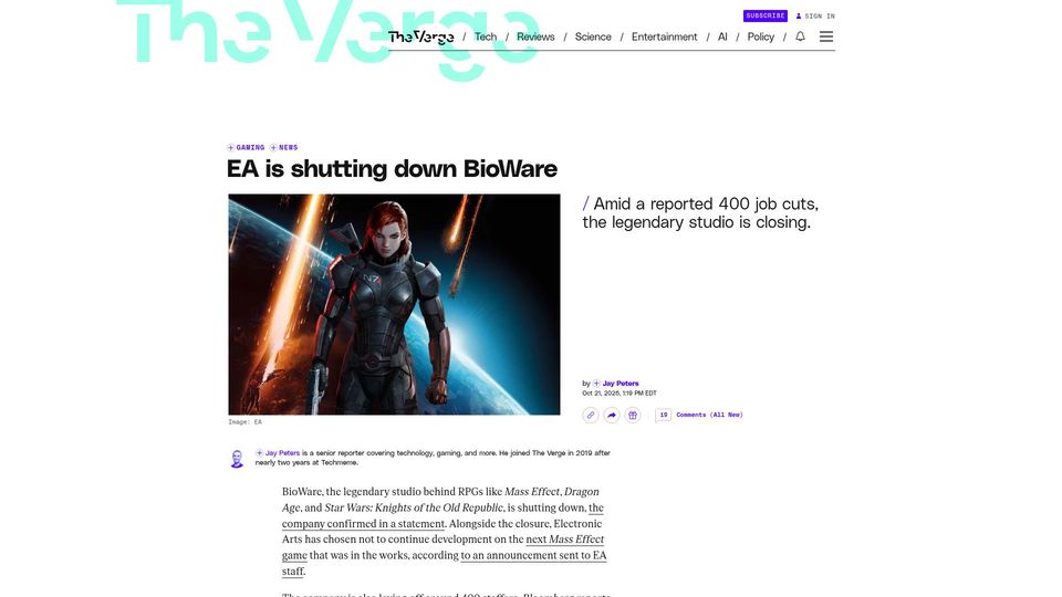Screenshot of theverge.com: EA is shutting down BioWare