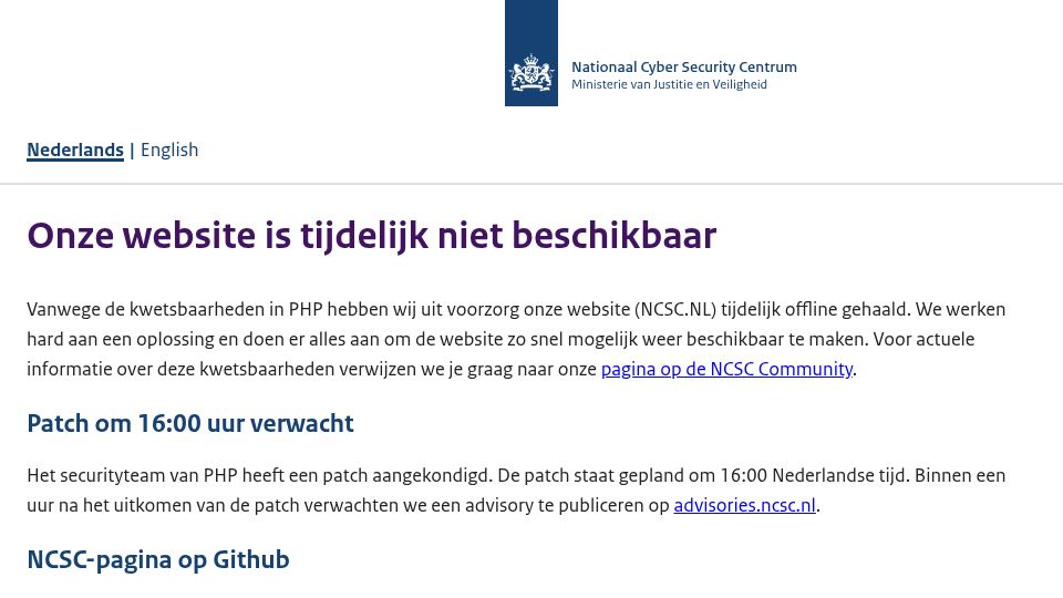 Screenshot of ncsc.nl: Dutch National Cyber Security Center is Offline because it uses PHP