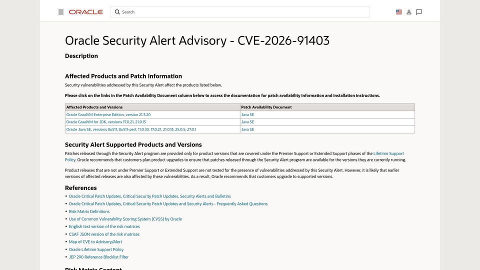 Screenshot of oracle.com: Oracle Security Alert Advisory – CVE-2026-91403 (eMudhra cert revocation)