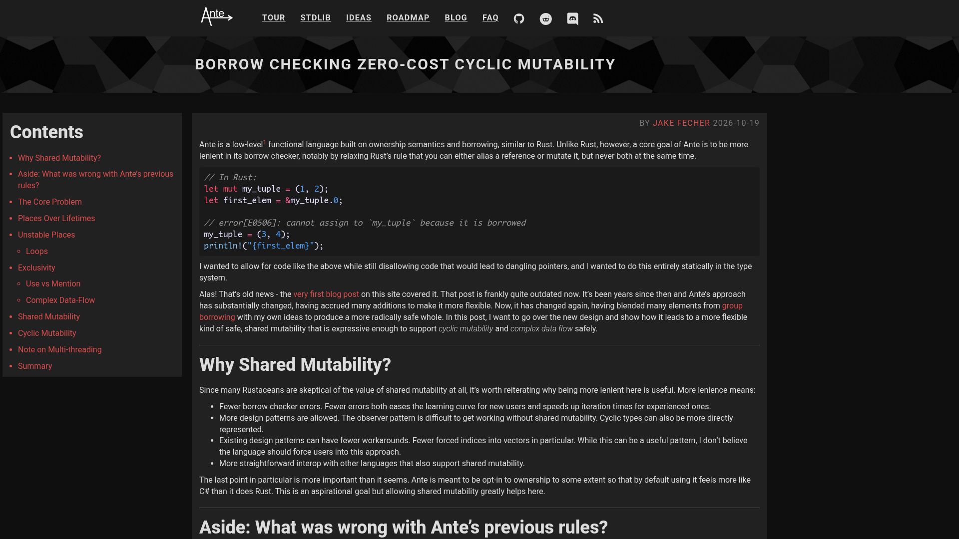 Screenshot of antelang.org: Borrow Checking Zero-Cost Cyclic Mutability