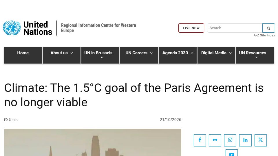 Screenshot of unric.org: The 1.5°C goal of the Paris Agreement is no longer viable