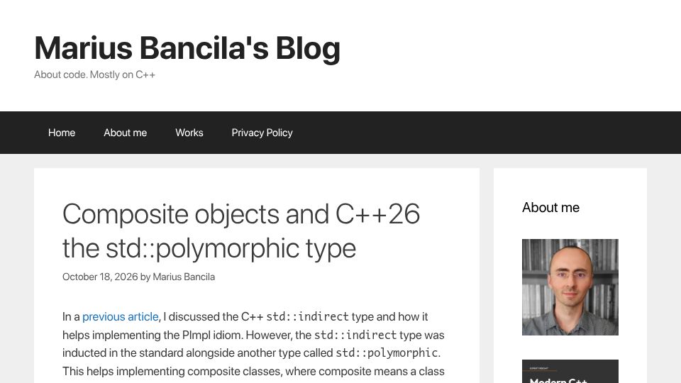 Screenshot of mariusbancila.ro: Composite objects and C++26 the std:polymorphic type