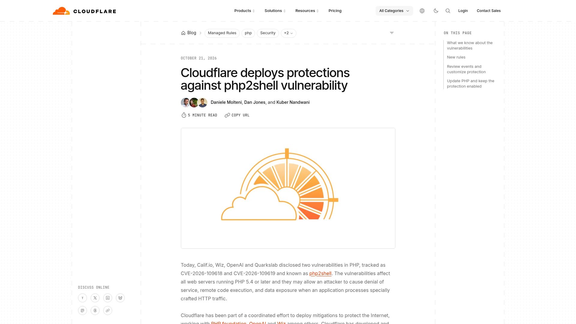 Screenshot of blog.cloudflare.com: Cloudflare deploys protections against php2shell vulnerability