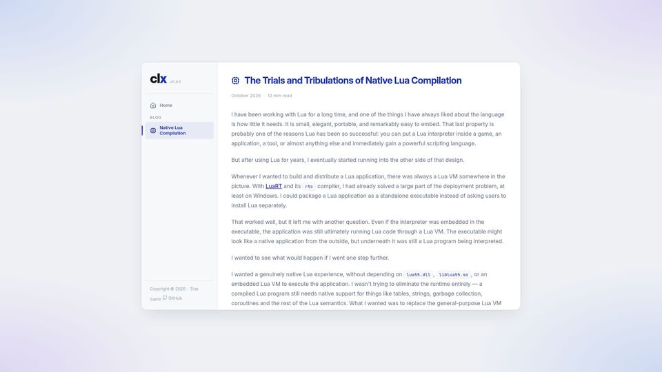Screenshot of samyeyo.github.io: Trials and Tribulations of Native Lua Compilation