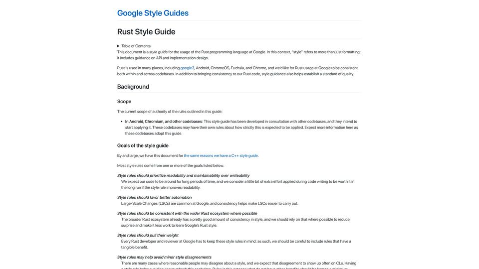 Screenshot of google.github.io: Rust Style Guide